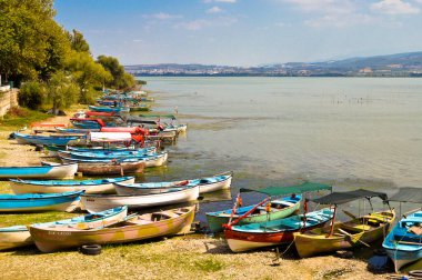 Türkiye 'nin Bursa kentinde Ulubat veya Uluabat Gölü' nde tahtadan balıkçı tekneleri bekliyor, Eylül 08 2020