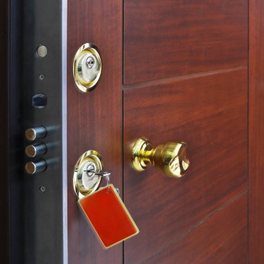 Modern wooden looking front door, security lock system, steel door