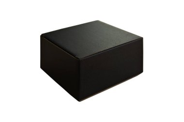 Closed black rectangular cardboard box with corrugated cardboard lid, on oak wooden table