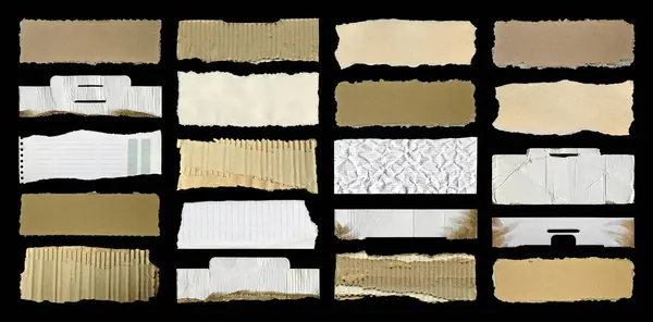 Brown beige and white corrugated cardboard paper pieces, isolated on black background