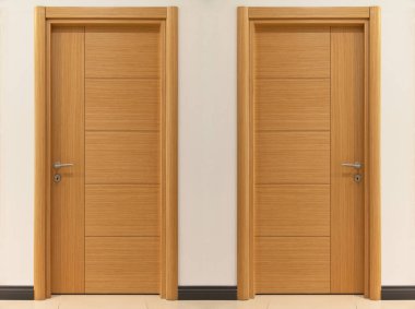 Modern kahverengi ve bej ön giriş ahşap iki kapı evin içinde şık bir tasarım var.