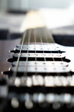 Elektro gitar köprüsü, teller ve pikap, ahşap cevizli gitar pikabının detaylı görüntüsü, telli müzik aleti.