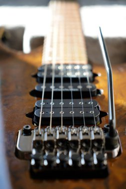 Elektro gitar köprüsü, teller ve pikap, ahşap cevizli gitar pikabının detaylı görüntüsü, telli müzik aleti.