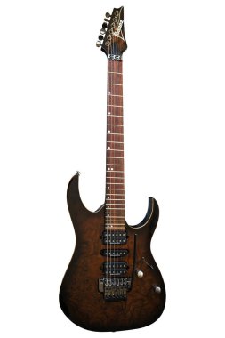 Ibanez electric guitar with a wooden brown walnut body, isolated on white background, Istanbul Turkey April 10 2024 clipart