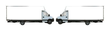 Beyaz arka planda izole edilmiş iki boş beyaz kamyon, nakliye ve kargo için kullanılan bir kamyon.