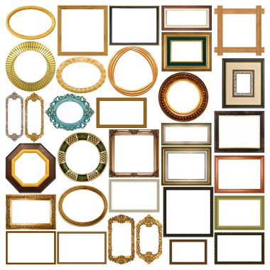 Arkaplan olarak çok çeşitli altın ve gümüş çerçeve kolajları. Birçok çerçeve örneği, pankart ve web tasarımı için uygun