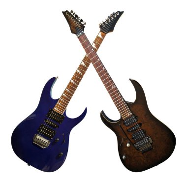 İki elektro gitar, ahşap ceviz rengi kahverengi ve mavi gövdeli, özel bir müzik aleti, beyaz arka planda izole edilmiş.