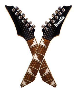 Gül ağacının yakın plan ibanez gio elektro gitar tellerinin başlığı ve fretboard dinlenme, müzikle ilgili afiş, beyaz arka planda izole edilmiş, İstanbul Türkiye 7 Temmuz 2024