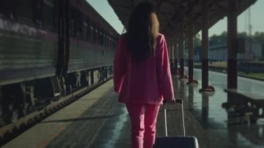 A gorgeous young woman in a pink suit is standing at the train station. Looks stylish and charming