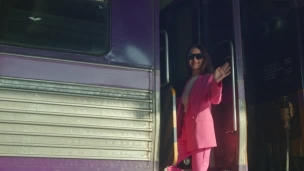 Young Woman Pink Suit Boards Train Slow Motion Close Shot — Vídeo de Stock