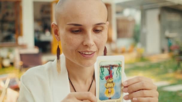 Bald Fortune Teller Reading Tarot Cards Doing Reading Client Slow — Stock Video