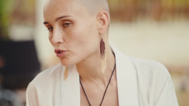 Bald Woman Boho Style Smiles Slow Motion Shot — Stock Video