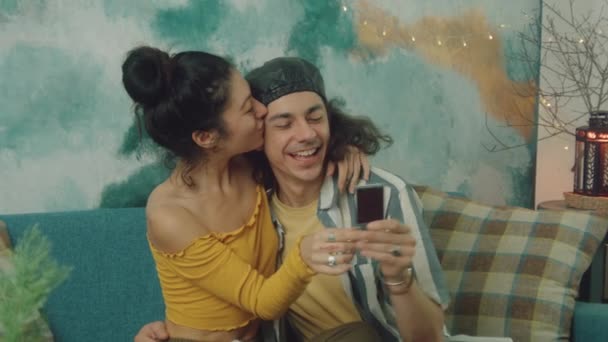 Young Couple Love Taking Snapshots Retro Style Camera Laughing Loving — Stock Video