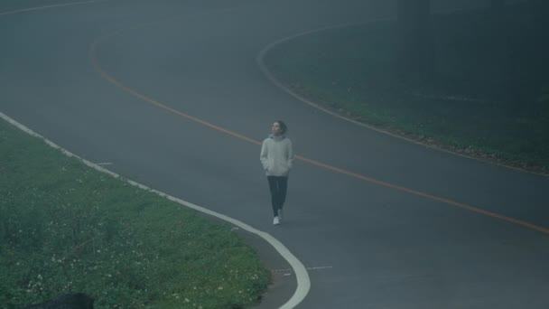 Frau Spaziert Dichten Nebel Die Straße Aus Dem Fokus Zwischen — Stockvideo