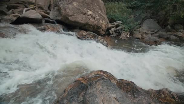 Fluxo Claro Correndo Através Pedregulhos Pedra Rio Abundante Fluindo Fundo — Vídeo de Stock