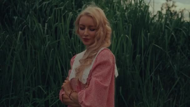 Potret Seorang Wanita Dalam Gaun Vintage Pada Latar Belakang Rumput — Stok Video