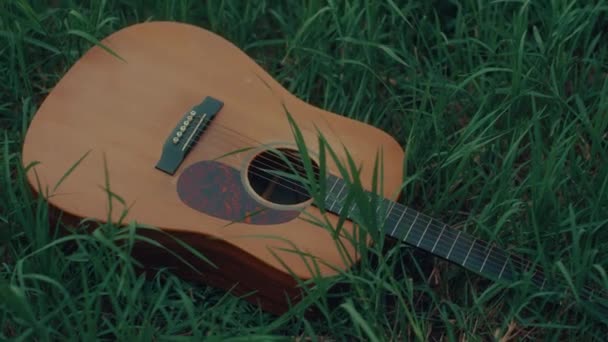 Akustická Kytara Leží Zelené Trávě Kvalitní Ruční Záběr Záběry — Stock video