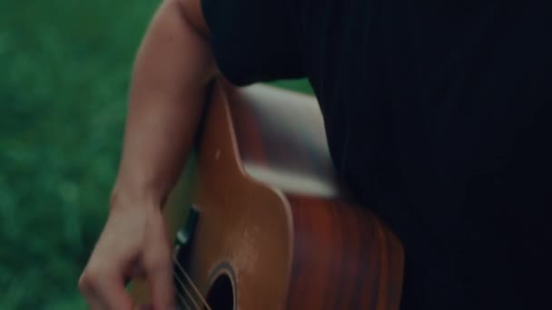 Guitarrista Está Tocando Cantando Cerca Del Lago Grabación Portátil Alta — Vídeo de stock