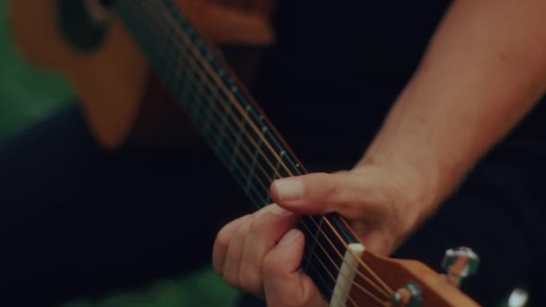 Gitarist Aan Het Spelen Zingen Buurt Van Het Meer Hoge — Stockvideo