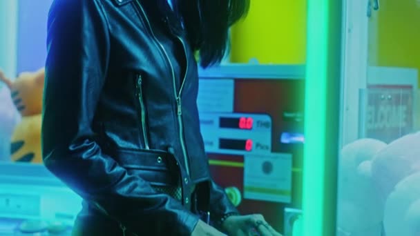 Girl Leather Jacket Cyberpunk Style Mask Playing Street Slot Machines — Stock Video