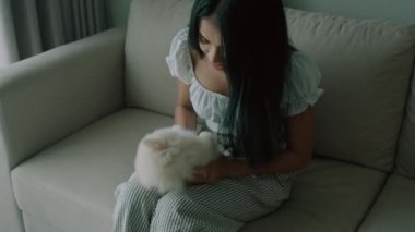 Genç Taylandlı bir kadın oturma odasındaki kanepesinde oturan sevimli beyaz köpeğini okşuyor. Esmer kadın kucağında küçük bir köpek tutuyor ve gülüyor. İnsanlar ve hayvanlar arkadaşlık kavramı. Yüksek