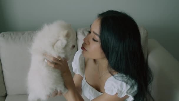 Joven Tailandesa Besándose Lindo Perrito Spitz Blanco Sentado Sofá Sala — Vídeos de Stock