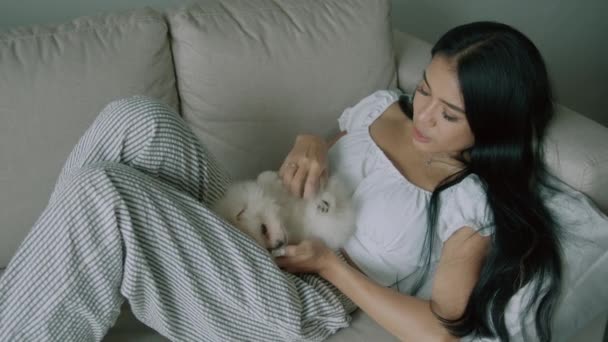 年轻的泰国人女人爱抚着可爱的白色斯皮茨犬 它躺在客厅的沙发上 房间里有现代的室内装饰 黑发女人抱着一条小狗笑着 人与动物的友谊概念 — 图库视频影像
