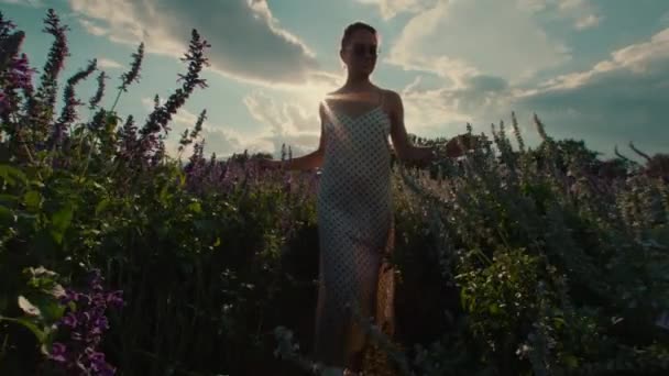 드레스와 안경을 여성은 두꺼운 잔디의 초원을 카메라를 그녀의 슬로우 모션에서 — 비디오