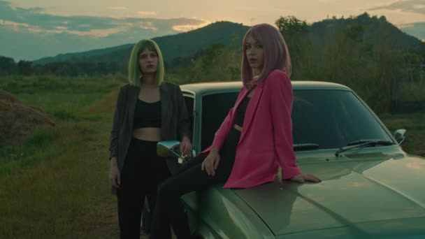 Film Wideo Dziewczyny Zielonymi Włosami Jej Dziewczyny Różowymi Farbowanymi Włosami — Wideo stockowe