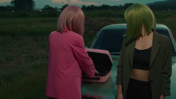 Pembe Saçlı Kız Yeşil Boyalı Saçlı Kız Arkadaşı Arabanın Yanındaki — Stok video