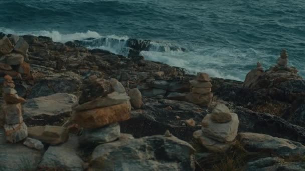 Slider Shot Video Scenic Unusual Volcanic Rock Formations Sea Waves — Stock Video