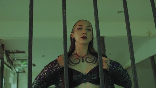 Woman Tattoos Standing Prison Cell Bars Wearing Lingerie Top Thighhigh — Stock Video