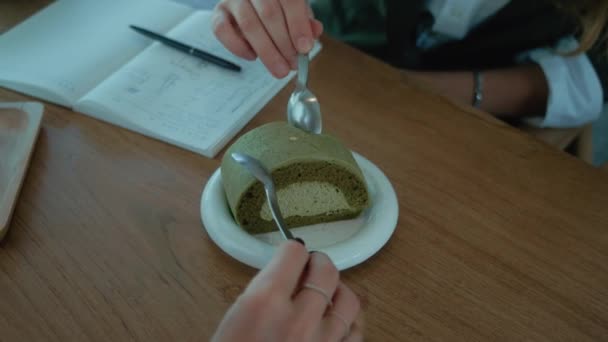 Women Table Eating Matcha Dessert Spoons Coworking Space Close Video — Stock Video