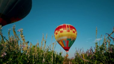 Bir Aerostat sıcak hava balonu, sıcak hava balonu dinlenme sırasında gökyüzüne benzersiz bir perspektif sunarak, uzun otların doğal bir manzarasının üzerinde süzülür.