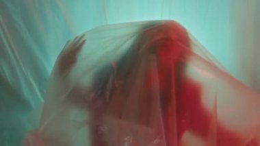 Plastik örtü ve canlı ışıklandırma efektleri içeren gerçeküstü bir portre duygu ve yaratıcılığı çağrıştırıyor..