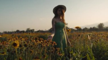 Yeşil yazlık elbiseli genç bir kadın, sık otların içinde çayırlarda yürüyor ve eli, güneşli bir günde yavaş çekimde çiçeklerin tepelerine değiyor. Yüksek kalite 4k görüntü