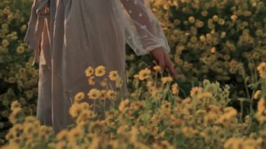 Nazik, şefkatli bir el zarif bir şekilde uzanır parlak, güzel bir tarlada açan sarı çiçeklere dokunmak için.