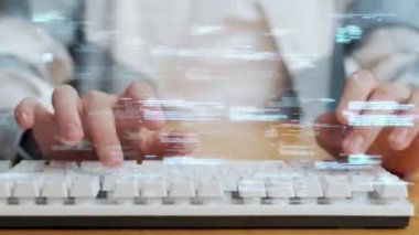 Bilgisayar Klavyesindeki Genç Bilgi İşlem Daktilo Programlama Kodu Kapat. Meşgul Adam Sinirsel Ağ Siber Alanı 'na Yaratıcı Web Tasarımı Bilgileri Üzerine Bakıyor. Akıllı İşadamı GPT Tasarımcı Bilgisayar Teknolojisi