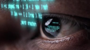 Teknoloji AR Hologramında Akıllı Adam 'ın Gelecekteki Görünüşü. Yakından. High-Tech Büyük Veri Sistemi 'nde modern Hint programcısının görüntüsü. Görsel Makro 'nun Bilimsel Bilgileri. Öğrenme Kodlayıcı Kavramı Hesaplanıyor