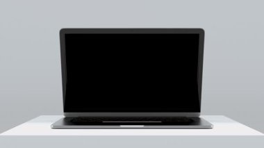 Krom Anahtar için Yeşil Ekran 'ı olan dizüstü bilgisayar. Beyaz Arkaplanda Kromakey için Yeşil Ekran ile Çalışan Bilgisayarın Mock Up 'ına yakınlaş. Yatay Görünümlü Elektronik Nesnenin Web Sunumu