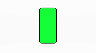 Krom Anahtar için Yeşil Ekran ile Akıllı Telefon Görüntüsü. Dikey Kromakey için Boş Yeşil Ekran ile Akıllı Telefonun Döndürülen Mock Up 'ı. Beyaz Arkaplanda Elektronik Nesne Kaydırma Sunumu