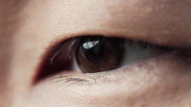 Asyalı Göz İnsan ve Güzel Kahverengi Iris Macro Vuruşu. Parlak Güzellik Gözü Açık Göz ve Göz Büyümesi. İleri Bakışlı Aşırı Yakın Çekim Adam. Aydınlık Göz 'e 