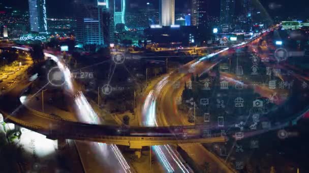 近代的な街並みや通信ネットワークの概念 電気通信だ Iotモノのインターネット Ict情報通信技術 スマートシティ デジタル変換 高品質4K映像 — ストック動画