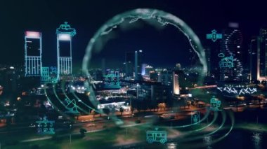 Akıllı şehir IOT interneti ICT dijital teknoloji fütüristik, otomasyon yönetimi akıllı dijital teknoloji VPN siber güvenlik enerjisi sürdürülebilir metaevren şehir sanal artırılmış. Yüksek