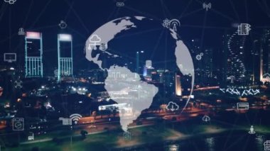 Akıllı şehir IOT interneti ICT dijital teknoloji fütüristik, otomasyon yönetimi akıllı dijital teknoloji VPN siber güvenlik enerjisi sürdürülebilir metaevren şehir sanal artırılmış. Yüksek
