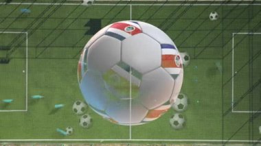 2022 Dünya Futbol Kupası Katar 'da. Tüm futbol dünya kupası katılımcıları. Dönen futbol topu ve stadyumun hava görüntüleri. Yüksek kalite 4k görüntü