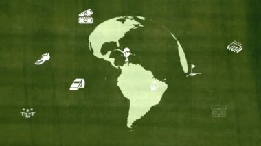 Katar 'da futbol kupası 2022. Tüm futbol dünya kupası katılımcıları. Dönen futbol topu ve stadyumun hava görüntüleri. Yüksek kalite 4k görüntü