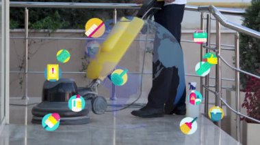 Profesyonel yer temizleme makinesi yıkıyor, iş yerinde ıslak temizlik yapıyor. Yüksek kalite 4k görüntü