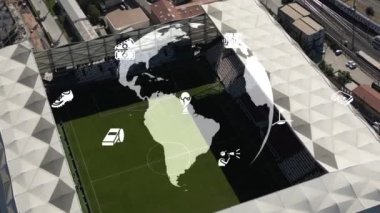 Katar 'da futbol kupası 2022. Tüm futbol dünya kupası katılımcıları. Dönen futbol topu ve stadyumun hava görüntüleri. Yüksek kalite 4k görüntü