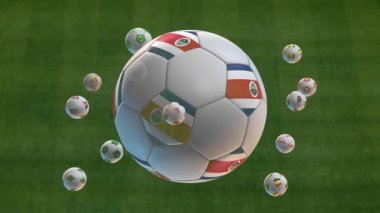 Katar 'da futbol kupası 2022. Tüm futbol dünya kupası katılımcıları. Dönen futbol topu ve stadyumun hava görüntüleri. Yüksek kalite 4k görüntü